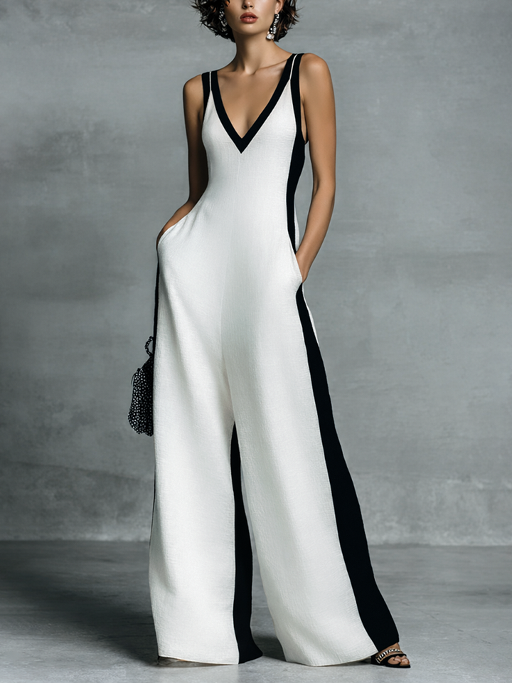 Clara | Black and White Thin Strap Jumpsuit