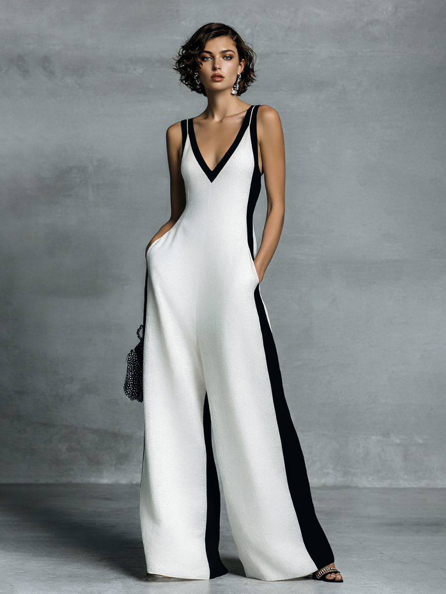 Clara | Black and White Thin Strap Jumpsuit