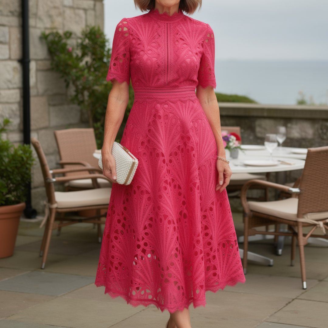 Charlisse – Ornate lace refinement – High-neck midi dress