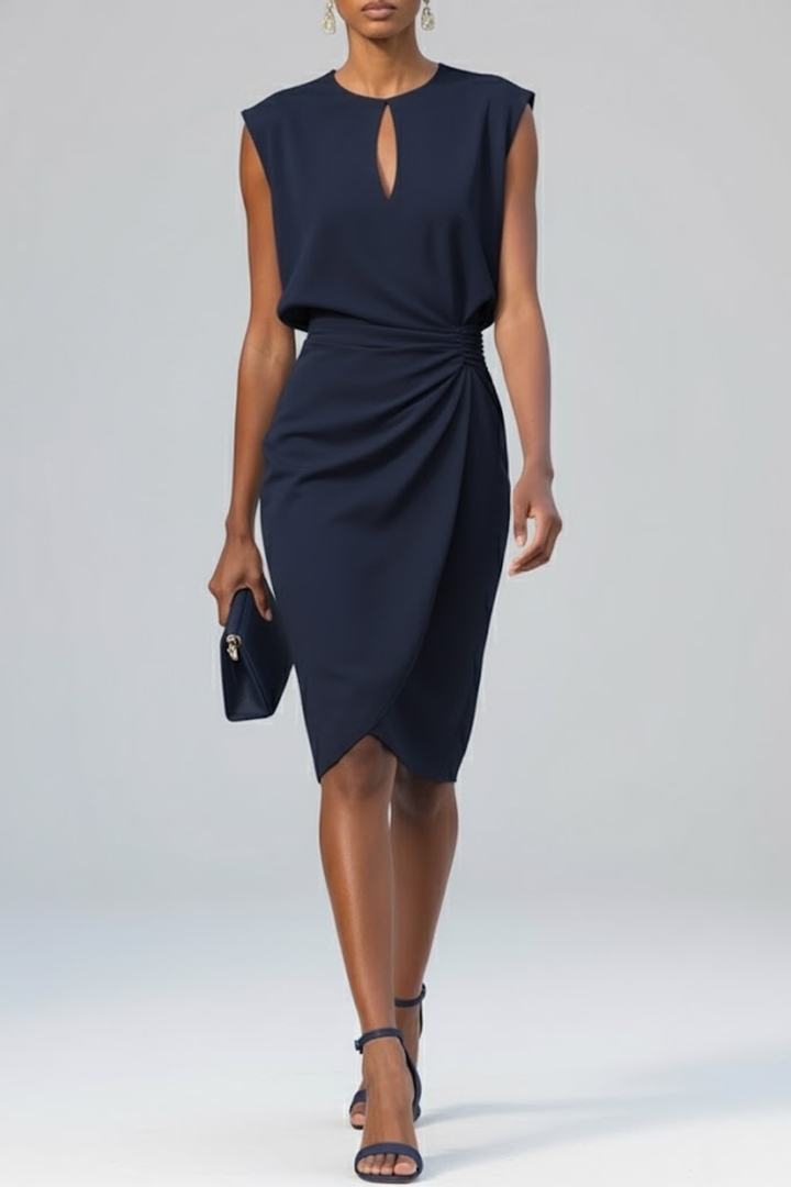 Isolde | Women's Ruched Waist Keyhole Neck Midi Dress