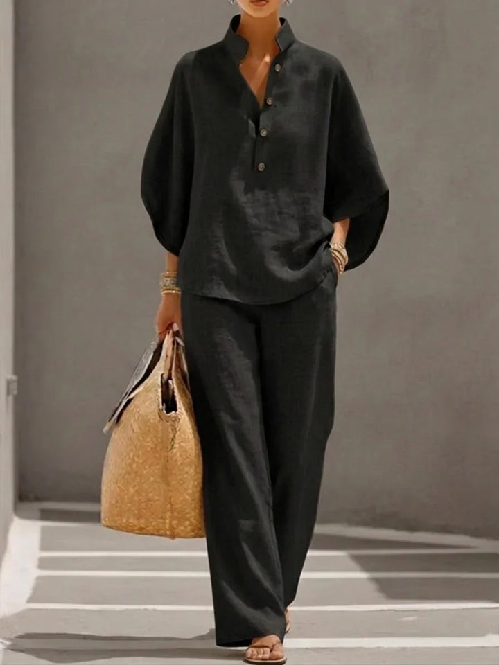 Maribel™ | Linen Texture Set with Batwing Sleeves & Wide-Leg Trousers