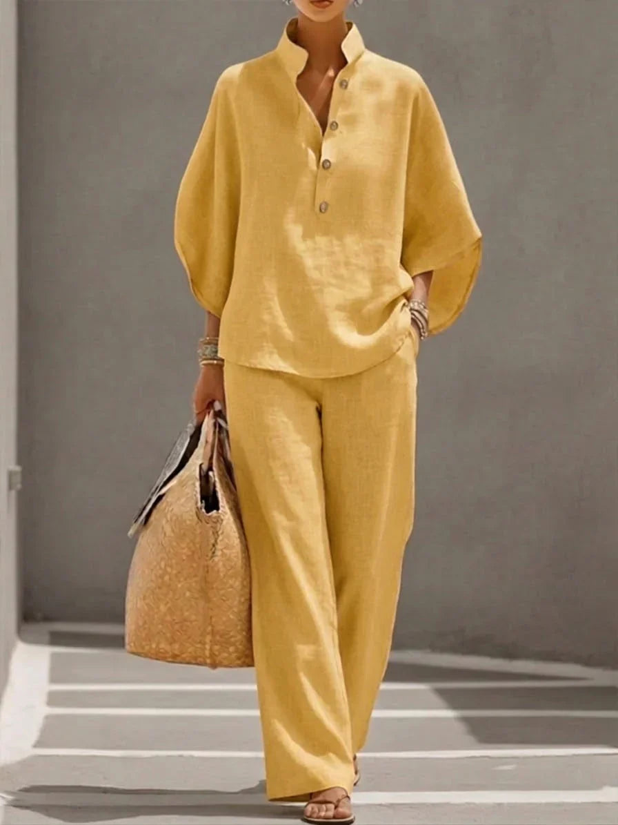 Clara | Linen set with batwing sleeves and wide-leg trousers