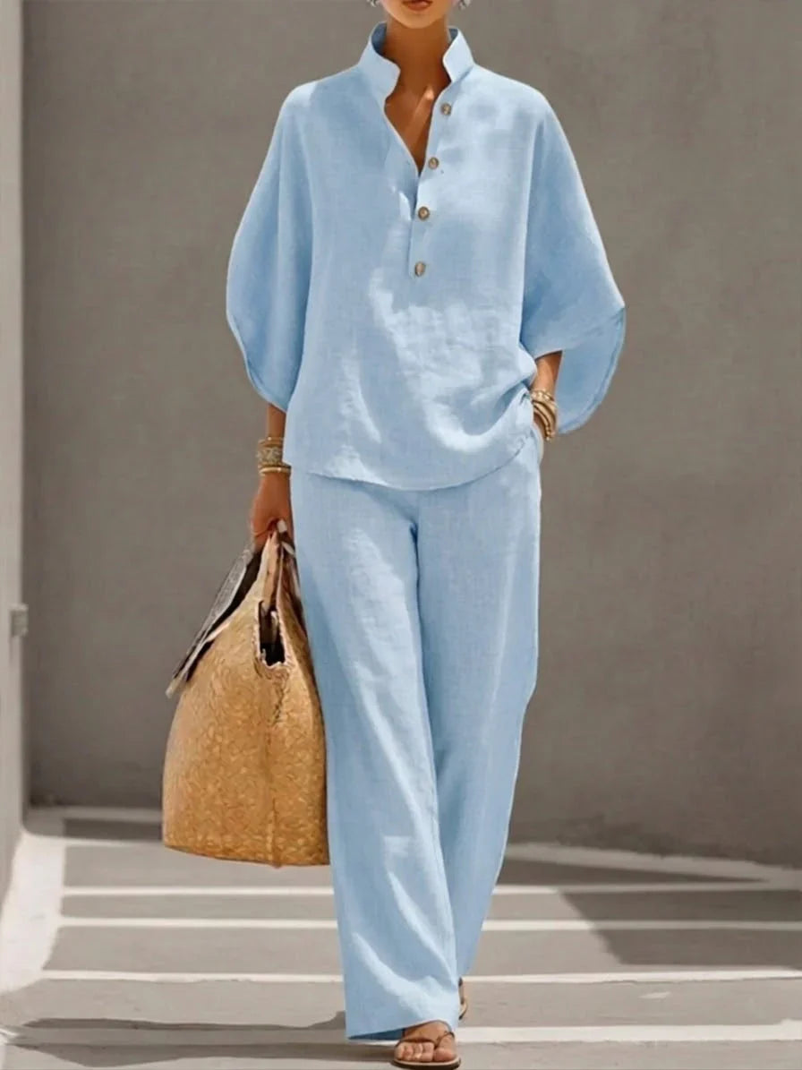 Clara | Linen set with batwing sleeves and wide-leg trousers