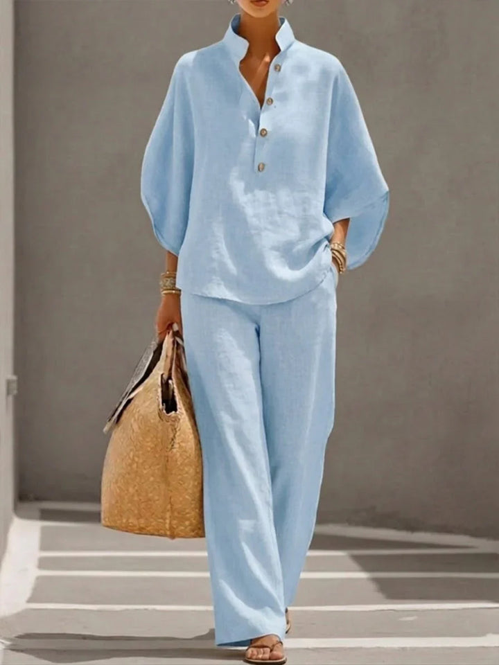 Clara | Linen set with batwing sleeves and wide-leg trousers