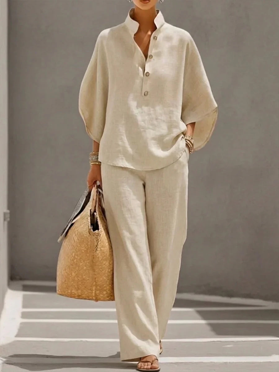 Maribel™ | Linen Texture Set with Batwing Sleeves & Wide-Leg Trousers