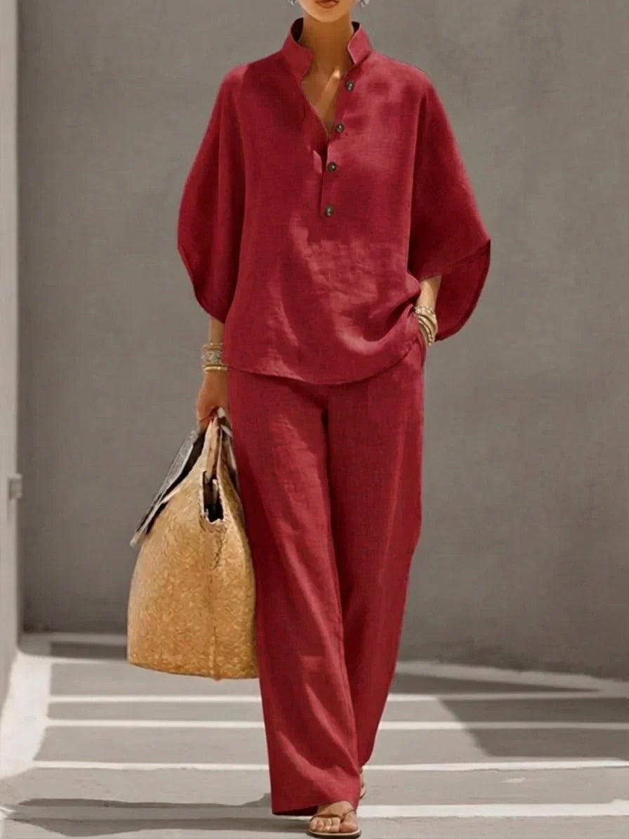 Maribel™ | Linen Texture Set with Batwing Sleeves & Wide-Leg Trousers