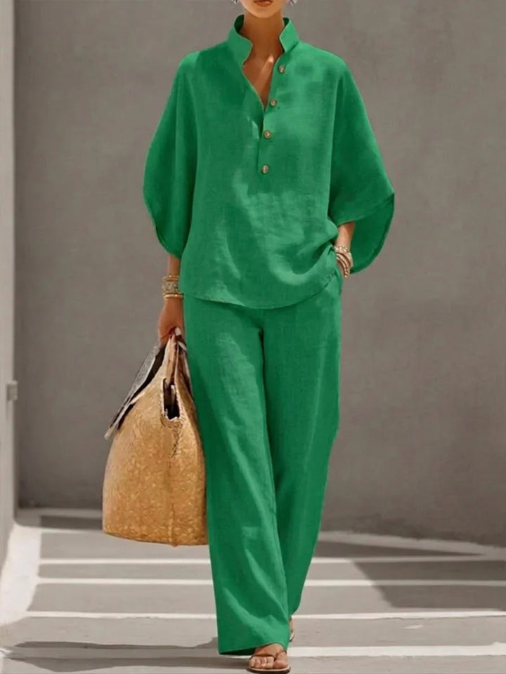 Clara | Linen set with batwing sleeves and wide-leg trousers